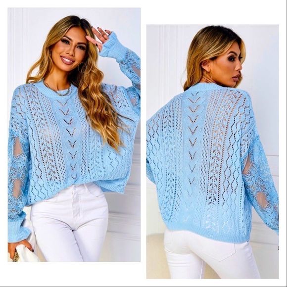 HP!! 💜💜 NWT! CONTRAST LACE POINTELLE KNIT DROP SHOULDER SWEATER IN BABY BLUE! - Picture 1 of 11